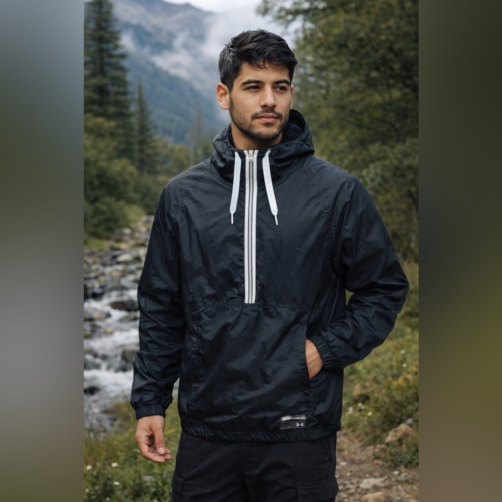 Under Armour men hooded  half zip pullover raincoat/windbreaker medium loose fit